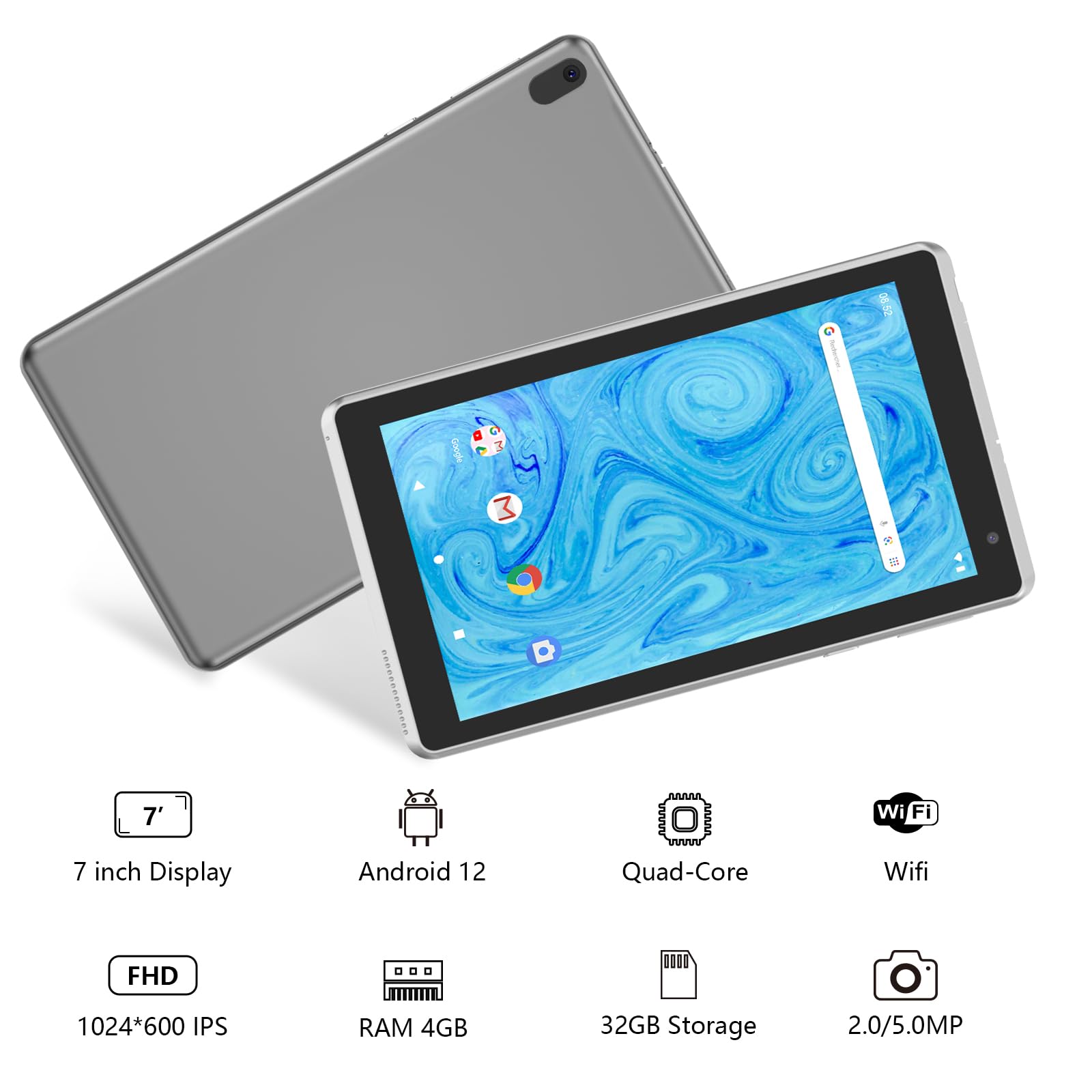 Byandby Tablet 7 Inch Android 12.0 Tablet, 4Gb+32Gb Rom (1Tb Expand), Quad Core, Wifi, Gms, Dual Camera, Educational, Games (Sil
