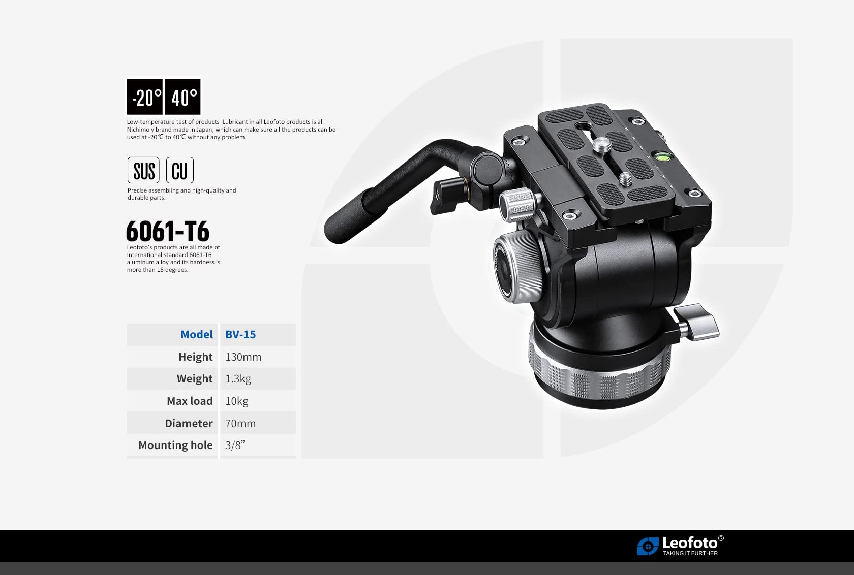 Fluid Head For Video Camera Tripod, Max Balance Load 3Kg, Max Fixed Load 10Kg, Weight 1.3Kg, Diameter 70Mm, 3/8' Mounting Hole, Height 130Mm (Bv 15)
