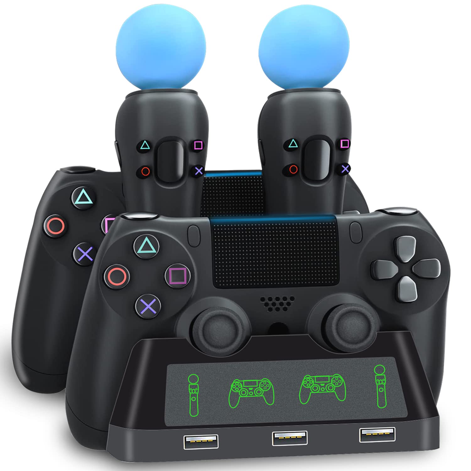 PS4 Controller Charging Dock Station, 4 in 1 PS VR Motion Move Charger Station, Fast PlayStation 4 Controller Charger with LED I