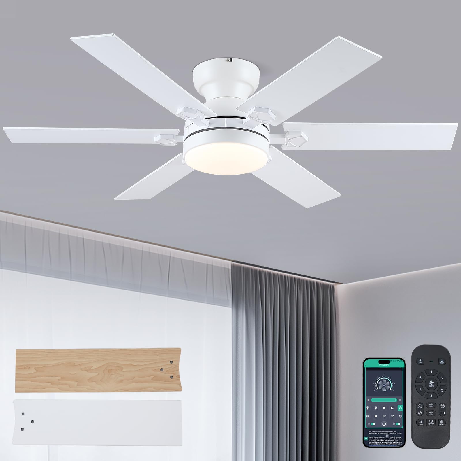 Goniyado 46 White Low Profile Ceiling Fans with Lights,Modern Flush Mount Ceiling Fans with Reversible DC Motor,Dimmable 3 Color