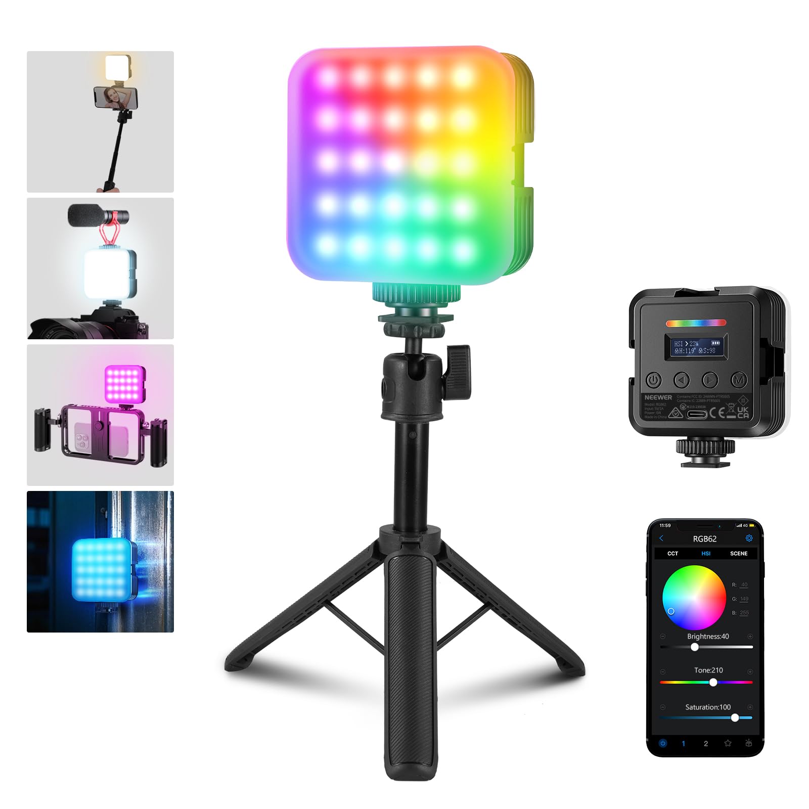 NEEWER Magnetic RGB Camera Video Light with Desk Tripod Stand & 3 Cold Shoes, Upgraded APP Control, CRI97+ 2500-8500K 2000mAh Re