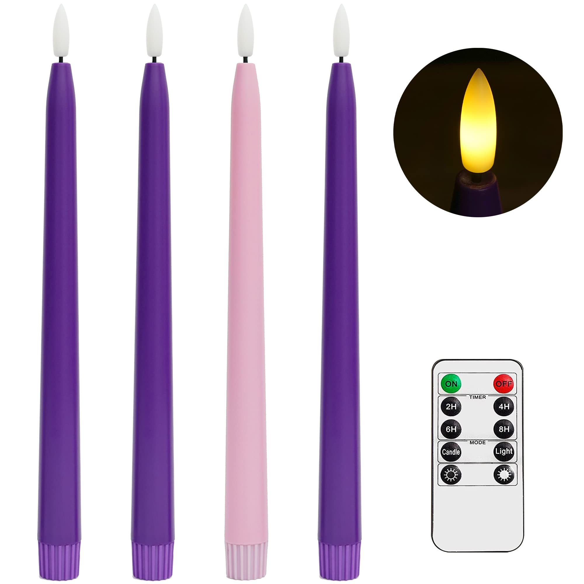 Stmarry Flameless Advent Candles, Set Of 4   Flickering Led Flame, 11 Inch Taper Candlesticks, Remote Controlled, Purple And Pin