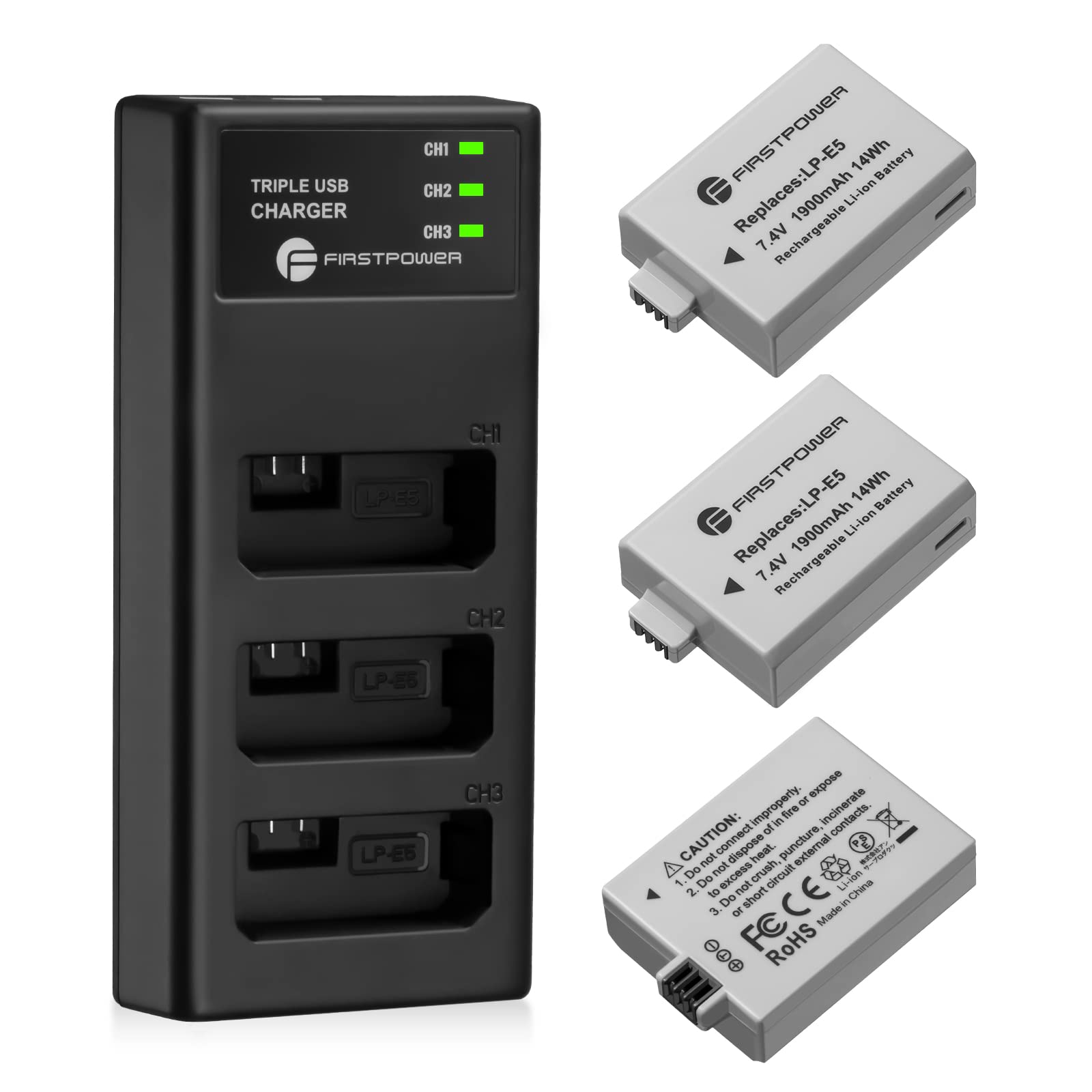 Firstpower Lp E5 Battery 3 Pack And Triple Slot Charger Compatible With Canon Eos Rebel Xs, Rebel T1I, Rebel Xsi, 1000D, 500D, 4