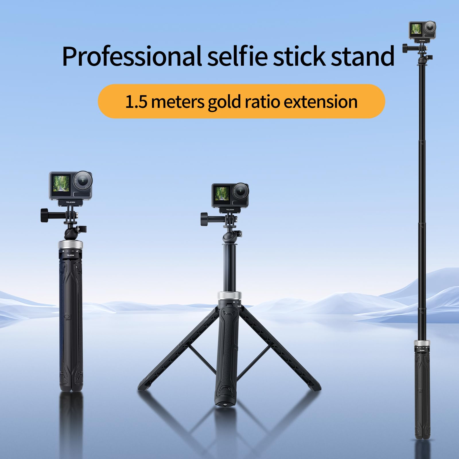 TELESIN 59in Long Selfie Stick Tripod for GoPro, 360 Ball Joint Monopod for Hero 13 12 11 10 9 Insta360 X3 X4