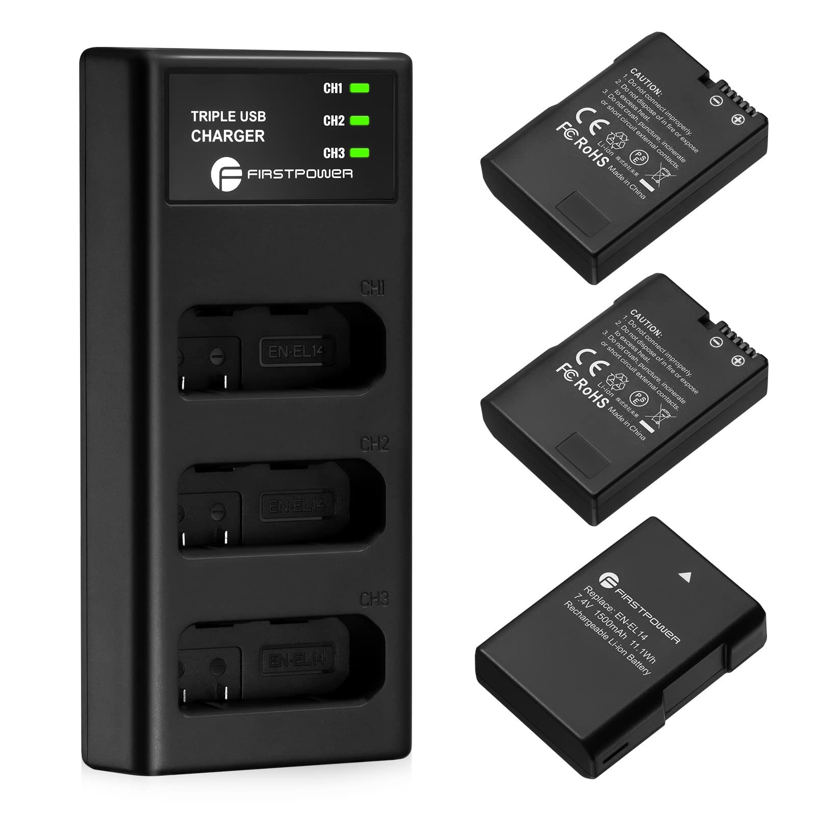 Firstpower En El14 / En El14A Battery 3 Pack And Triple Slot Charger For Nikon D3500 D3400 D3300 D3200 D3100 D5600 D5500 D5300 D