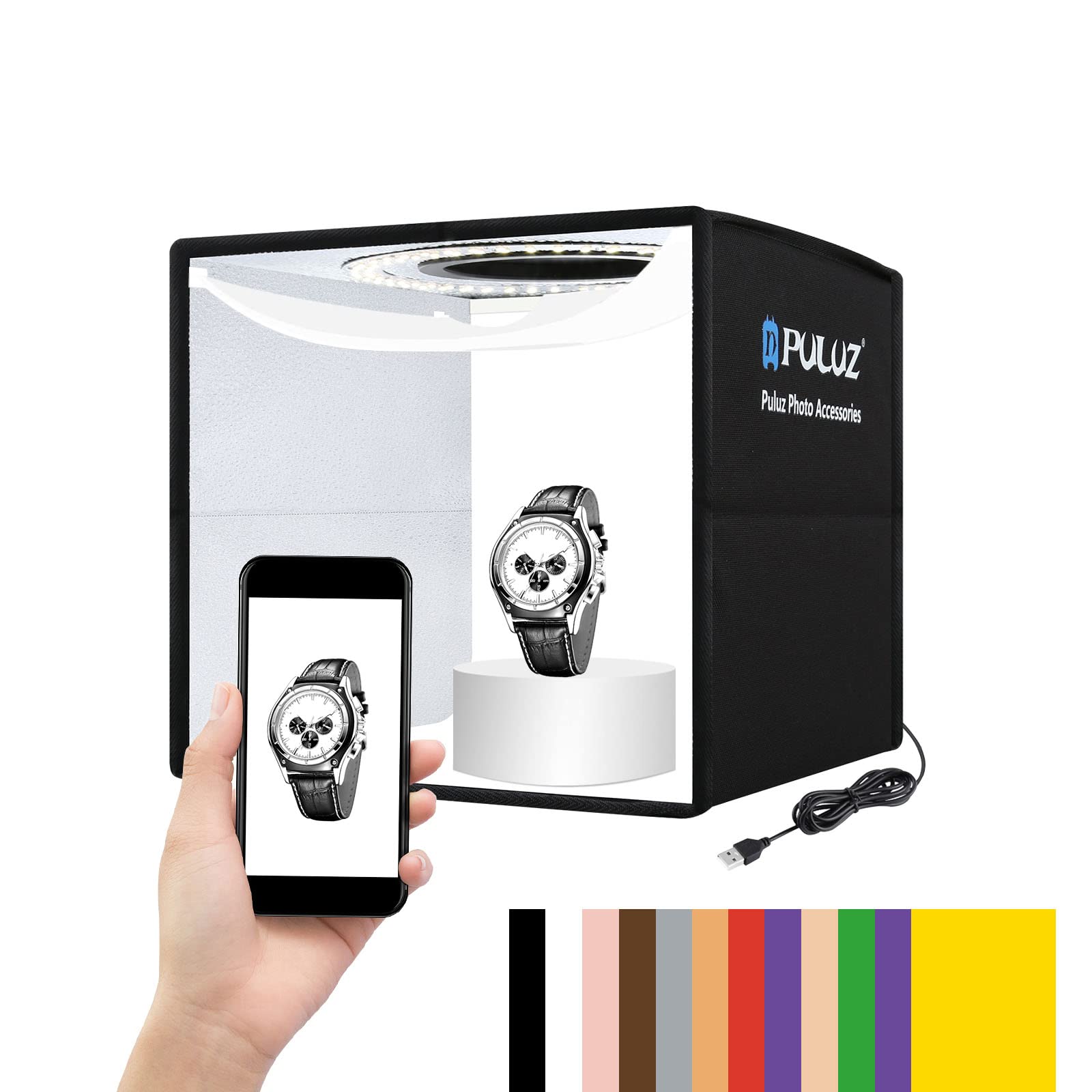 Puluz 10X10 Inch Photo Studio Light Box,Folding Portable Photography Tent Box Small Shooting Lightbox Cri=95 12 Colors Backdrops