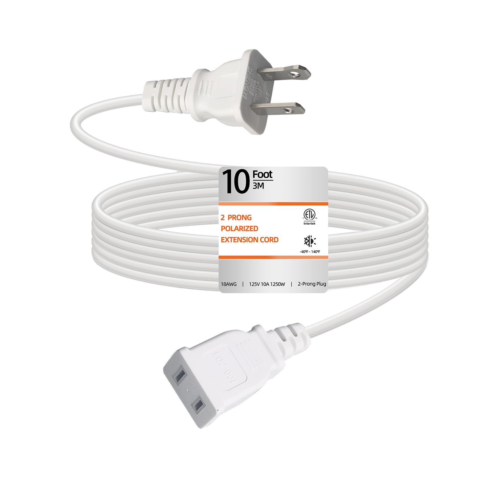10 Feet Extension Cord White Flat Thin Flexible 2 Prong Long Polarity Power Cord For Indoor Outdoor Use With Single Outlet Ideal