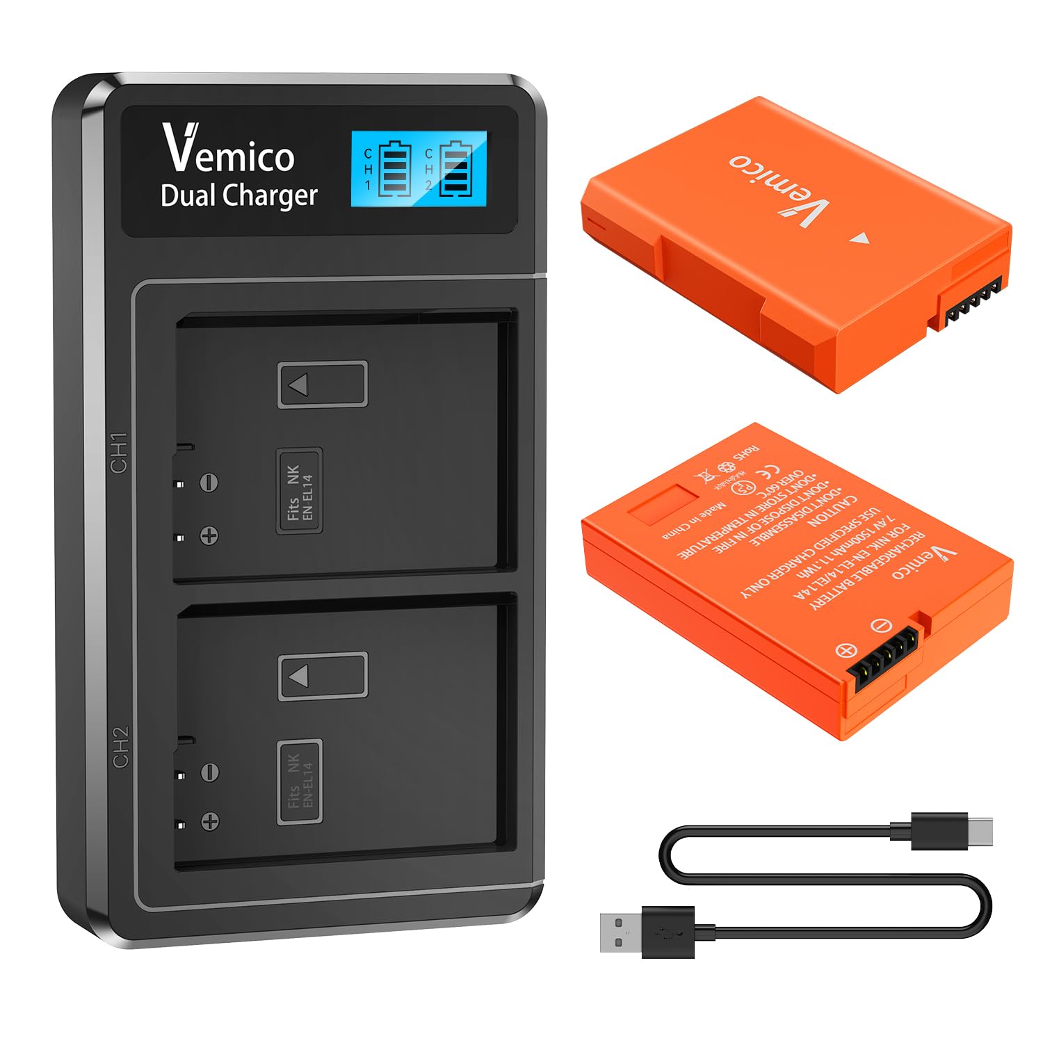 Vemico En El14 En El14A Battery Charger Kit 2 X 1500Mah Replacement Batteries Dual Slot Lcd Charger Pack For D3400 D5100 D3200 D