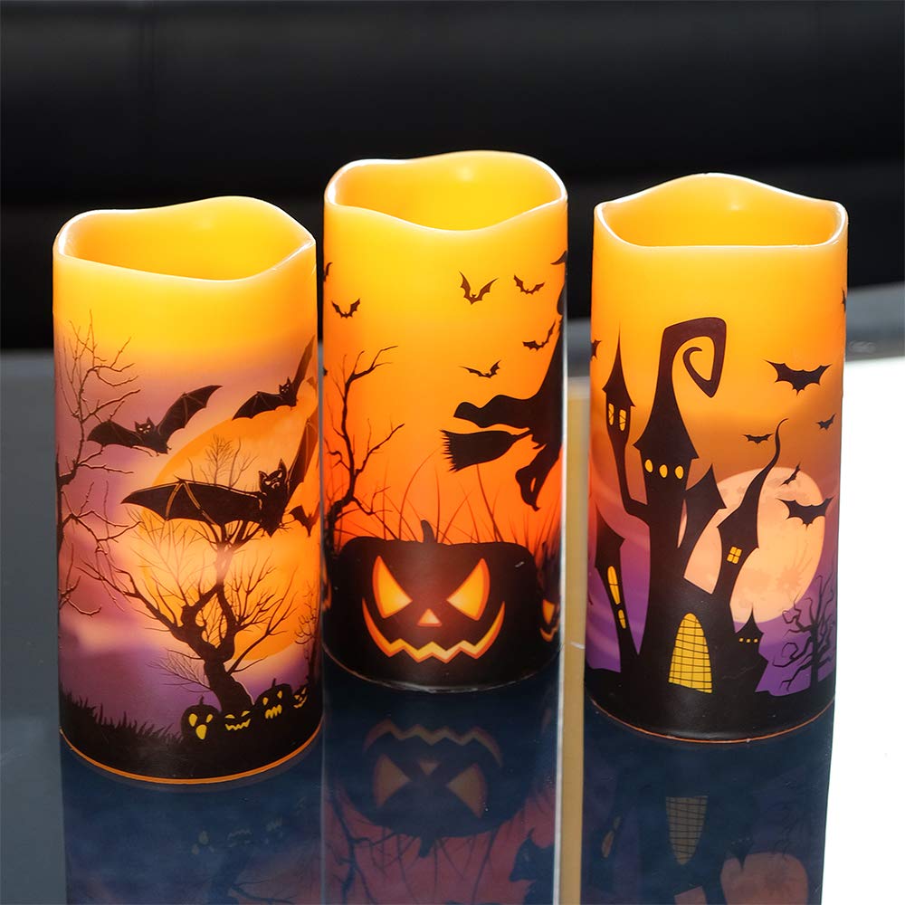 Wondise Halloween Flameless Flickering Candles with 6hrs Timer, Battery Operated Candles with Halloween Decals Real Wax LED Pill