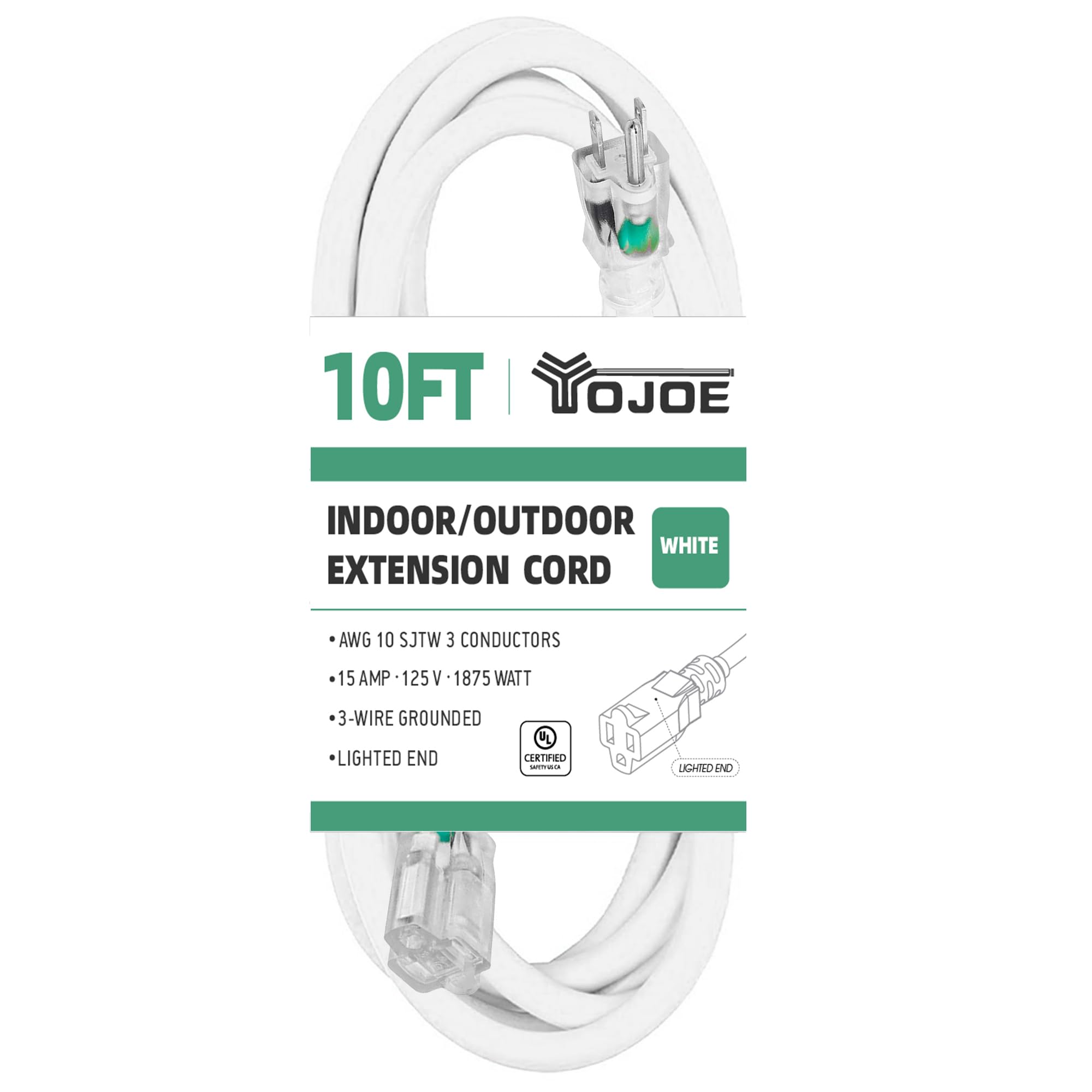 Yojoe Indoor Outdoor Extension Cord With Lighted End, 3 Prong 15A Weatherproof Power Extension Cord, 10 Gauge Heavy Duty 10 Ft W