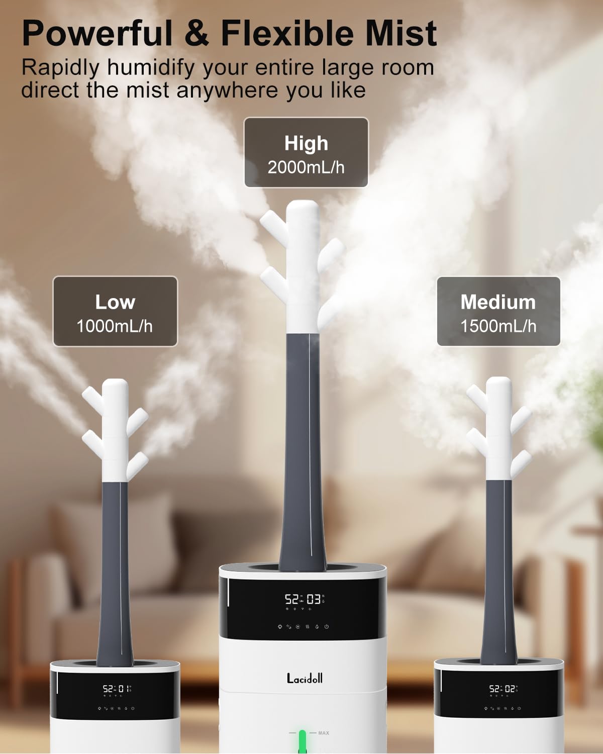 Lacidoll Humidifier Large Room 5.3Gal/20L - Cool And Warm Mist Humidifiers For Home 3000 Sq Ft, Air Humidifiers For Bedroom With