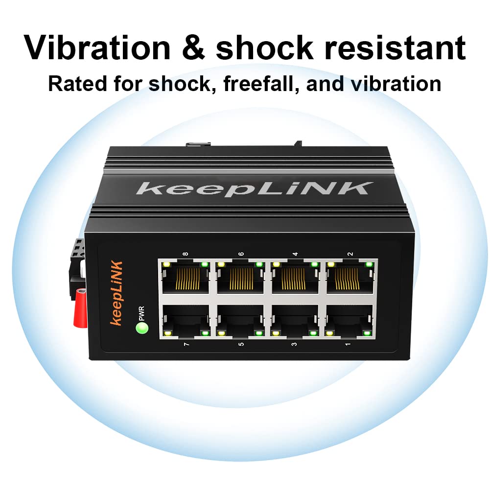 Keeplink 8 Port Industrial Ethernet Switch, Unmanaged 10/100Mbps Din Rail Network Switch, Ip40, Operating Temperature Range Of