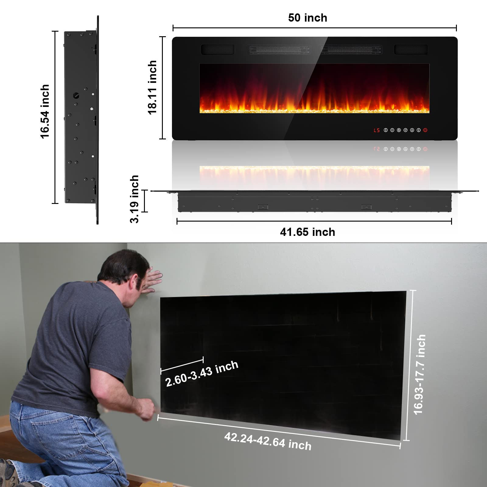 50    Recessed And Wall Mounted Fire Places Electric Fireplace With Remote Control, Toucn Screen