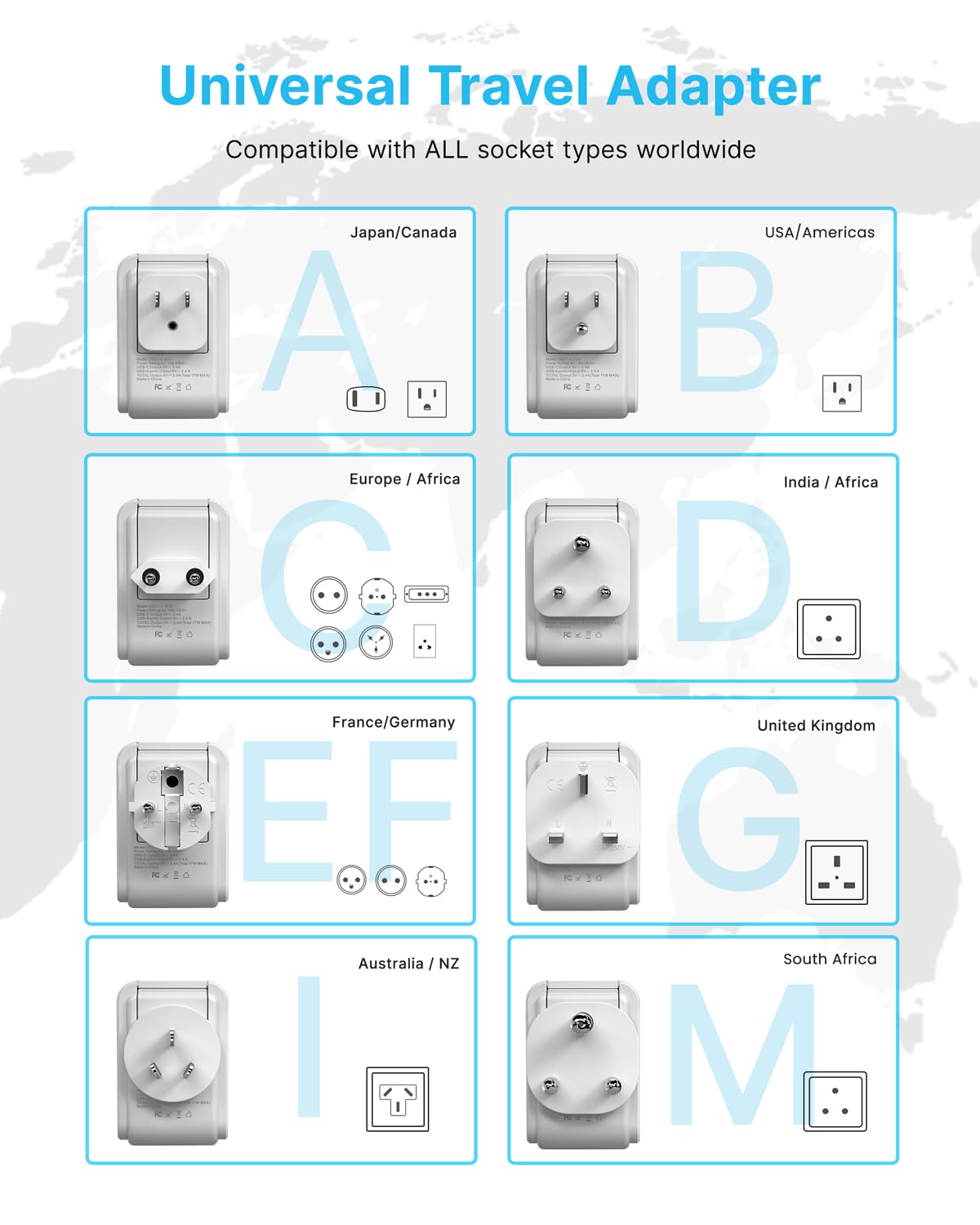 Vintar Universal Travel Adapter Kit, International Power Adapter With 4 Ac And 3 Usb Ports(2 Usb C), Type A,B,C,D,E/F,G,I,M Deta