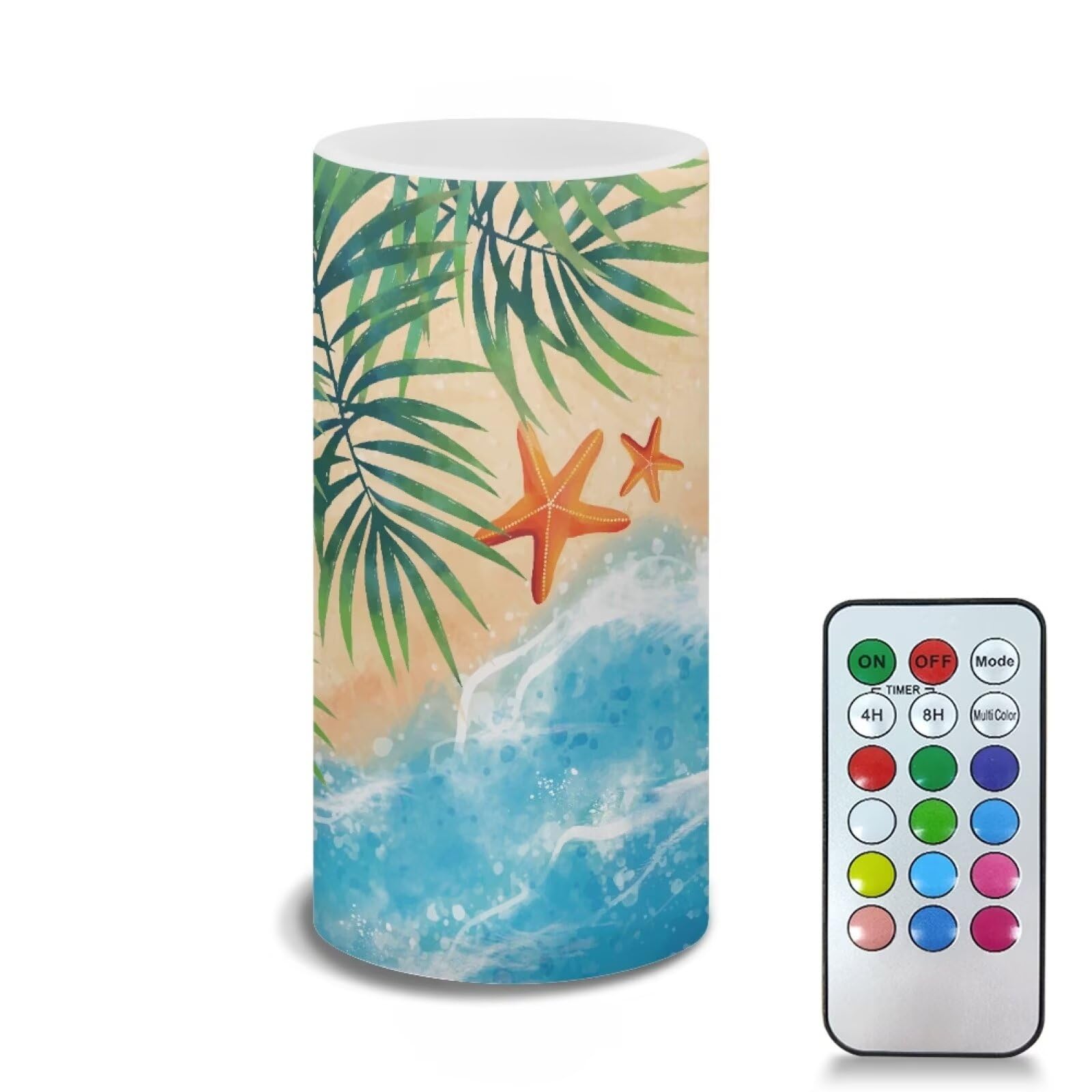 Poceacles Beach Starfish Palm Tree Flickering Flameless LED Battery Candles Pillar Candles Tealight with 18-Key Timer Remote wit