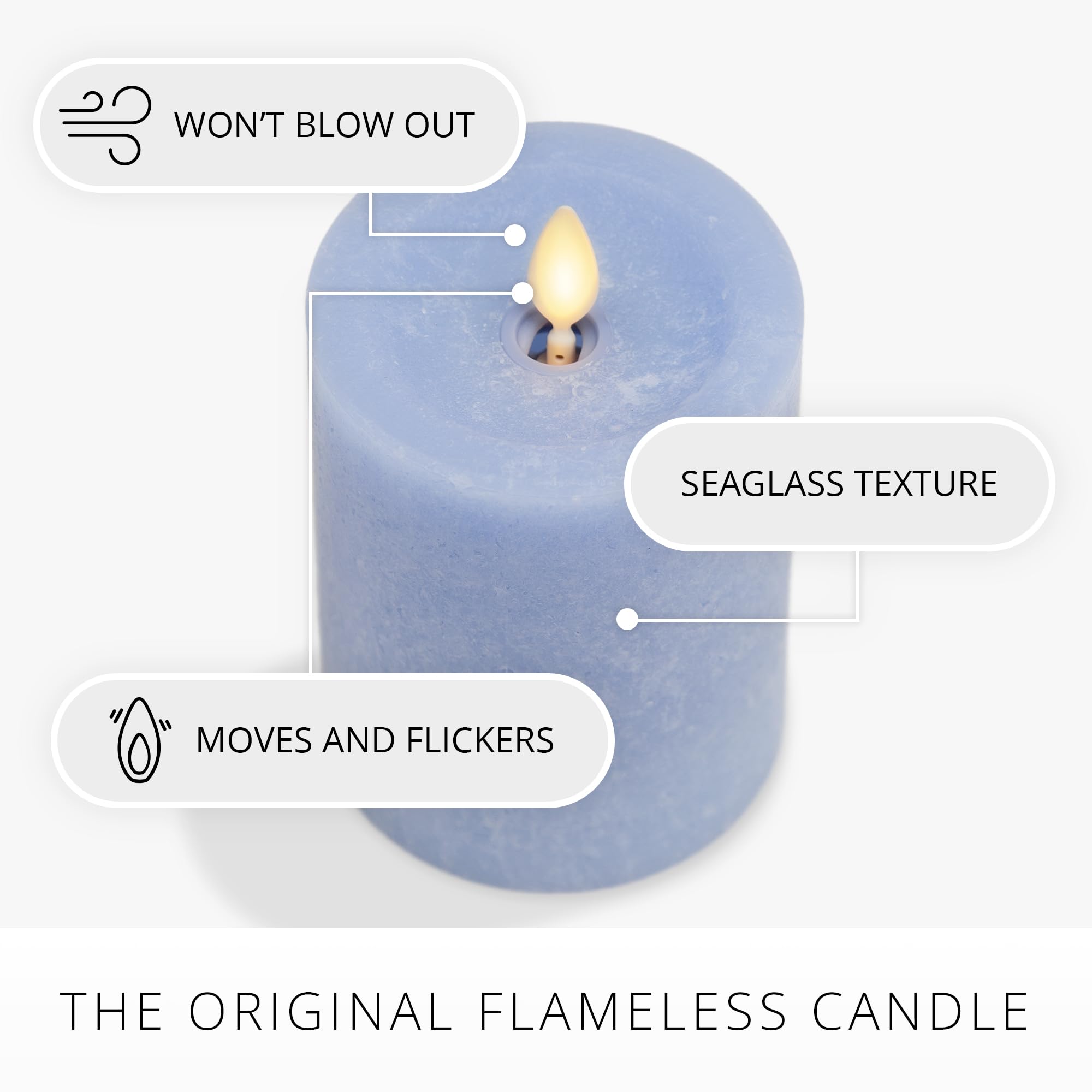 Luminara Sea Glass Flameless Candle, Cornflower 3'' X 4.5'', Moving Led Flame Pillar With Timer, Battery Operated, Real Wax, Uns