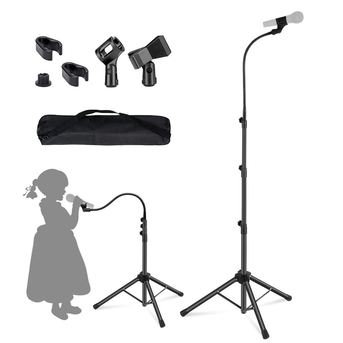 Boom Mic Stand Kangziliang Mike Stand Gooseneck Microphone Stand Tripod Adjustable Height 3'  6' With Mic Clips And 3/8''   5/8'