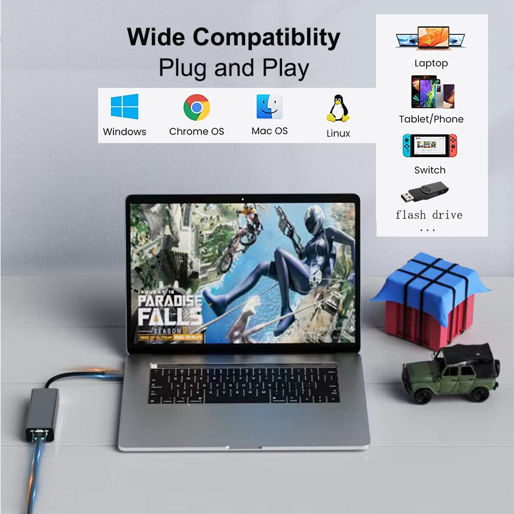 Dtech 3 Port Usb To Ethernet Adapter Usb 3.0 Hub 10/100/1000 Mbps Gigabit Wired Network Cable Converter For Laptop Notebook Desk