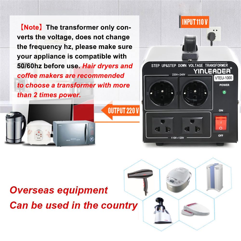 Yinleader 110V To 220V Eu Voltage Converter Transformer 1000W Step Up/Down Converter 110/120 Volt   220/230/240 Volt W/Us Power
