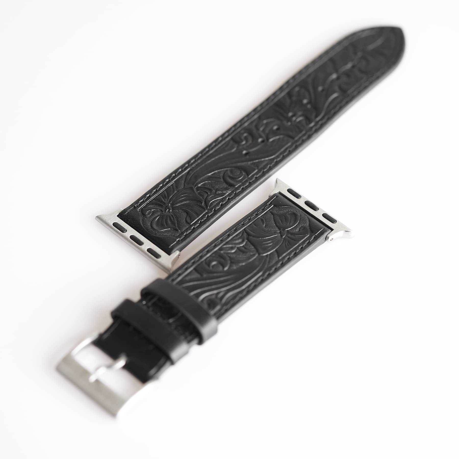 Falandi For Apple Watch Band Leather Black 46Mm 45Mm 44Mm, Western Retro Leather Classical Replacement Smart Watch Band For Iwat