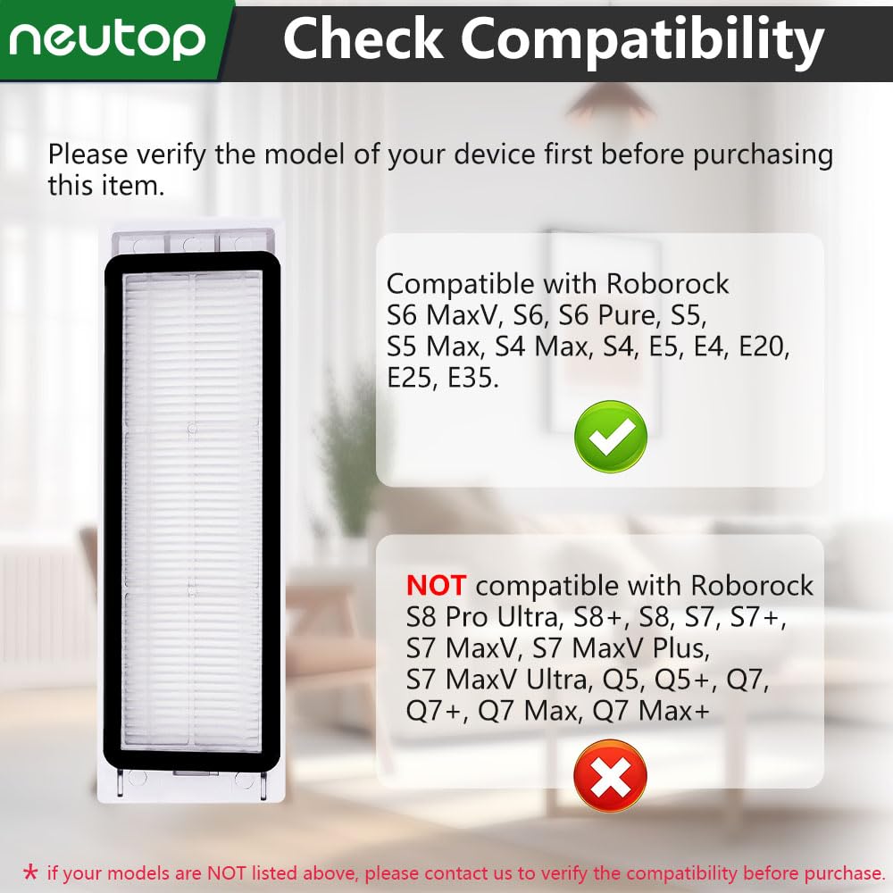Neutop Replacement Filters Parts, Compatible With Roborock S6 Maxv, S6, S6 Pure, S5, S5 Max, S4 Max, S4, E5, E4, E20, E25, E35,