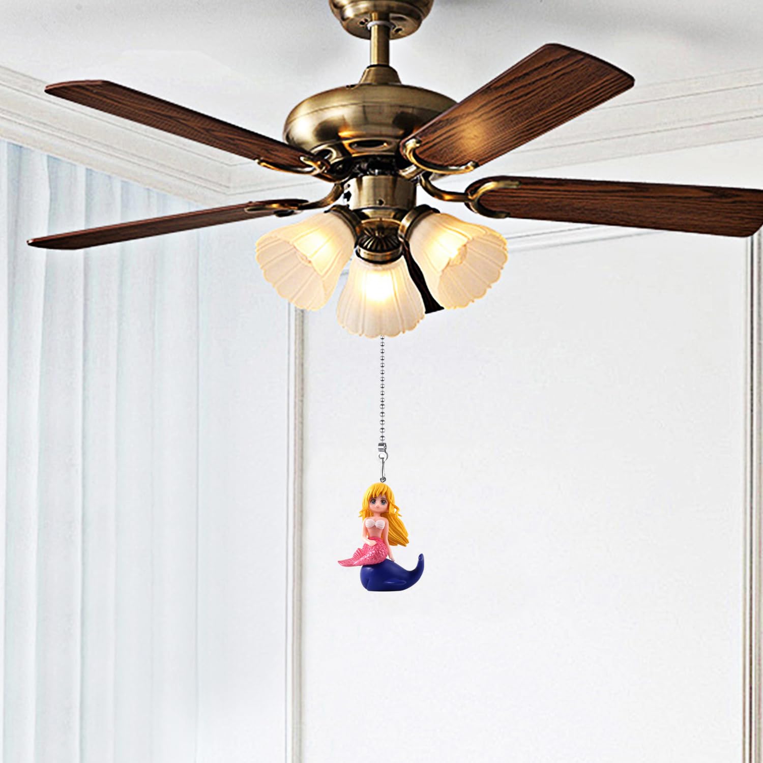 Dotlite Mermaid Ceiling Fan Pull Chain,Cute Mermaid With Dolphin Pulls Charm Extension Decorative,12In 3Mm Diameter Beaded Fan L