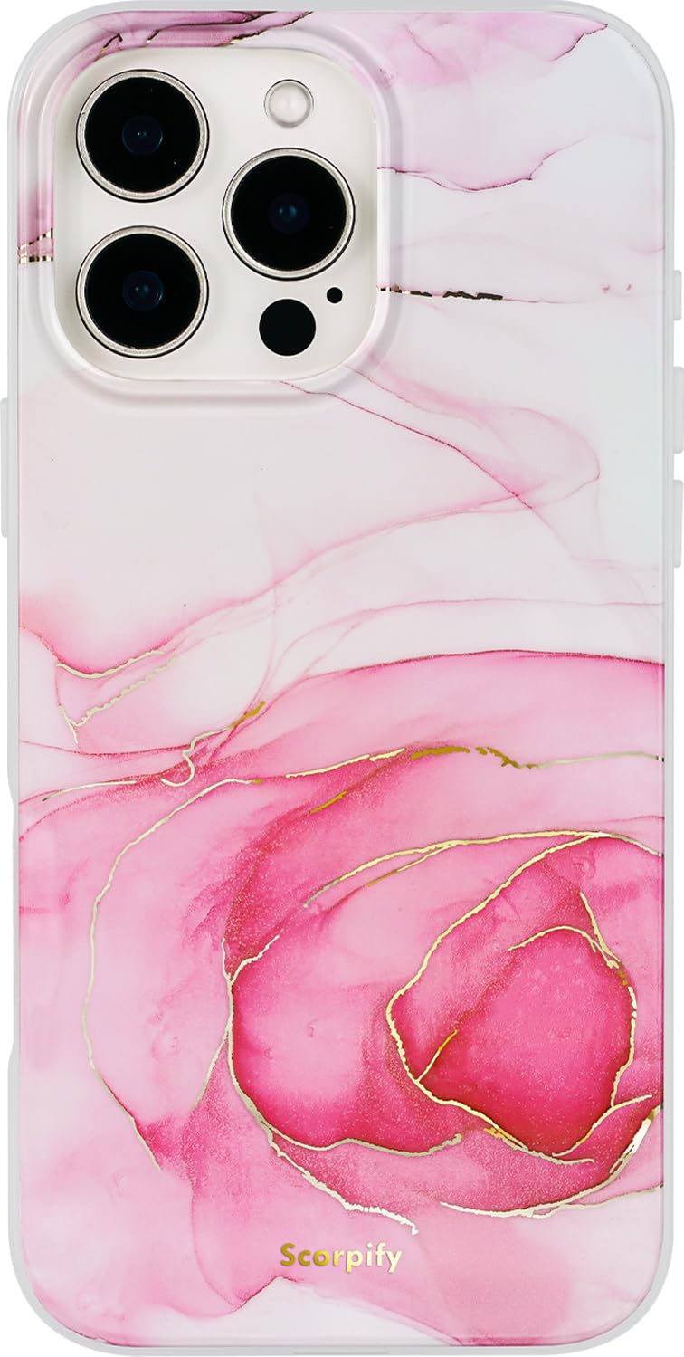 Scorpify For Iphone 16 Pro Max Case [Compatible With Magsafe] With Pink Rose Marble Design, Cute Magnetic Phone Cover For Women