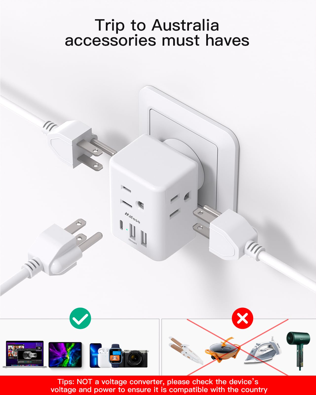 Us To Australia New Zealand Plug Adapter, Type I Power Plug Adapter With 3 Outlets 3 Usb Ports, Australia Travel Plug Adapter Fo