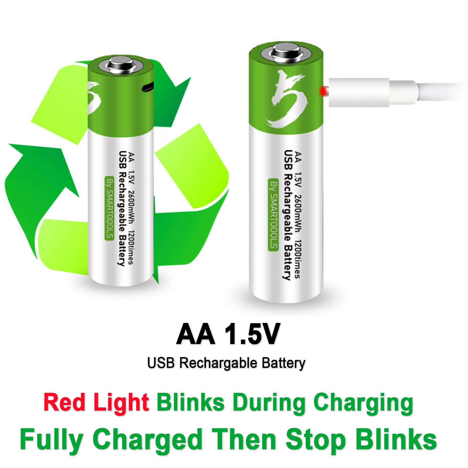 Camelcell 4 Pack Aa Batteries, Rechargeable Aa Batteries, 2600Mwh With 4 In 1 Usb Type C Charger Cable Double A Lithium Batterie