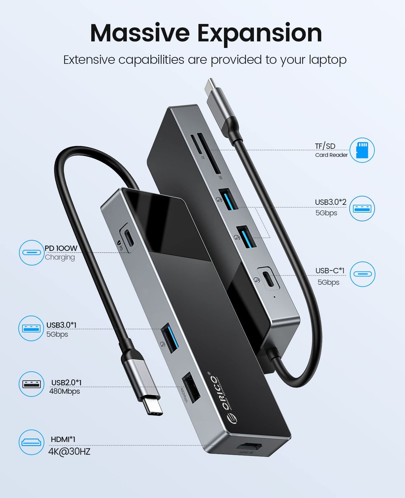 USB C Laptop Docking Station, ORICO 9 in 1 Type C Hub Multiport Adapter with PD 100W,HDMI 4K@30Hz,USB A3.0�3,USB C3.0�1,USB A2.0�1,SD/TF�1 Compatible for Dell/Surface/HP/Lenovo Laptops