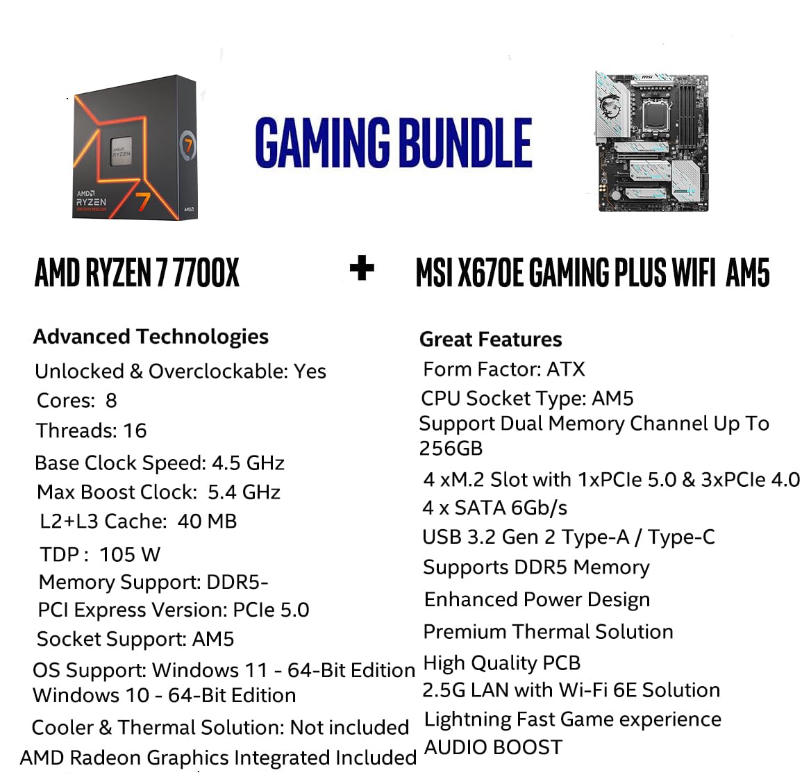 Inland Micro Center Amd Ryzen 7 7700X Cpu Processor Bundle With Msi X670E Gaming Plus Motherboard, Am5 Socket, Ddr5, Pcie 5.0, W