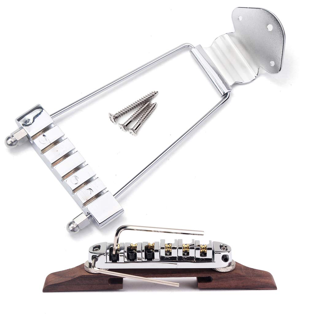 Ogdni 6 String Guitar Trapeze Tailpiece Bridge And Roller Tune O Matic Saddle Bridge For Jazz Archtop Guitar Replacement (Chrome