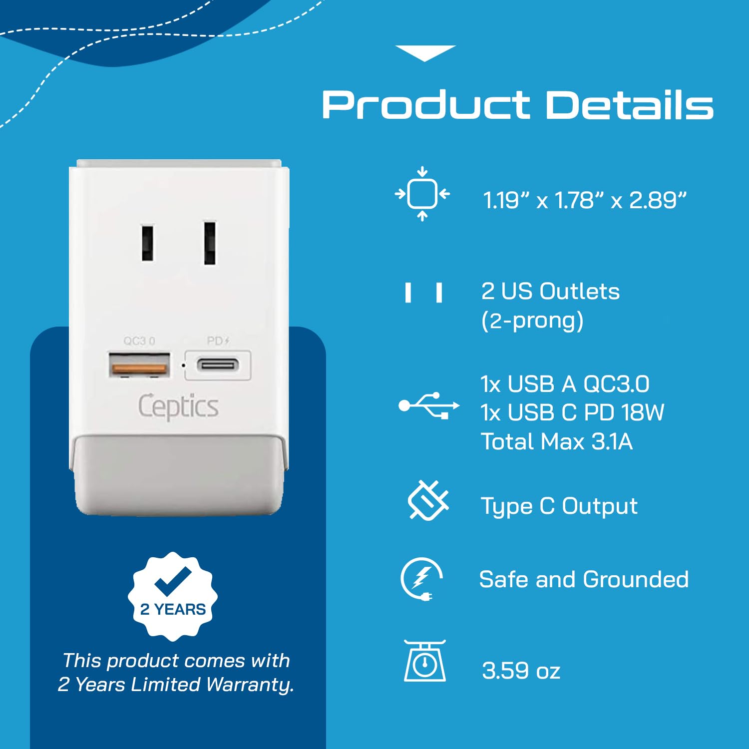Ceptics 2 Pack European Travel Plug Adapter, Us To Europe Plug Adapter, 18W Pd-Qc 3.0, Dual Usb & Usb-C - 2 Usa Socket - Compact