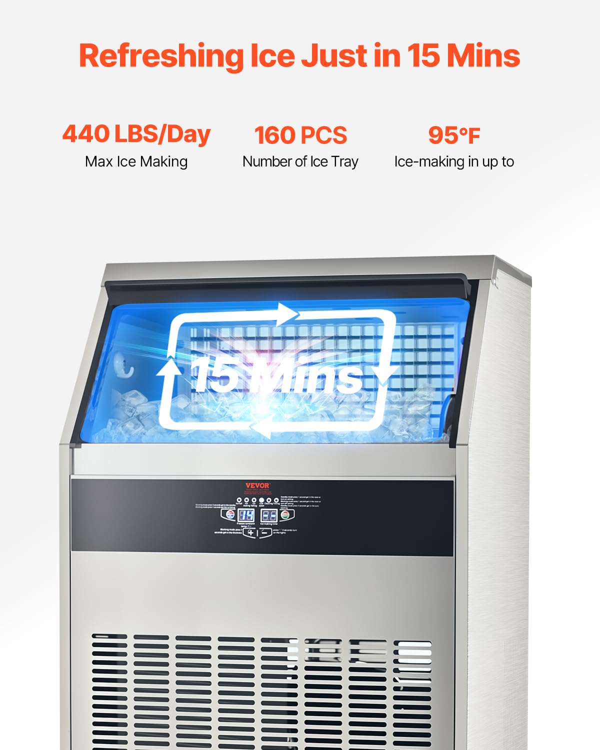 Vevor Commercial Ice Maker Machine, 440Lbs/24H Ice Maker Machine With 110Lbs Storage Capacity, 160 Ice Cubes In 15 Minutes, Led