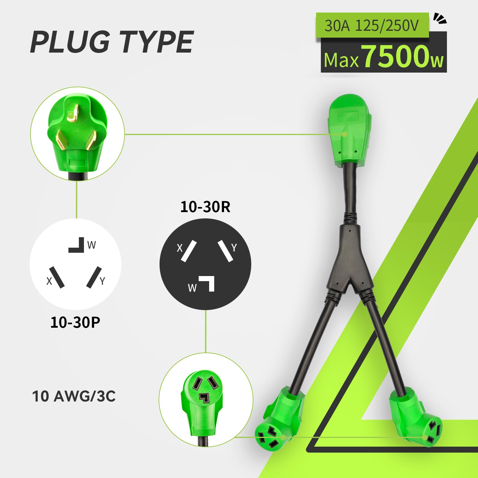 Rvmate 3 Prong Dryer Splitter 30 Amp, Nema 10 30P To (2)10 30R Y Receptacle 26.5 Inch, Built To Last, Waterproof Pvc Jacket