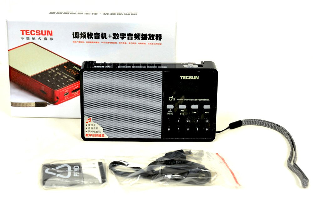 TECSUN D3 Rechargeable FM Radio, Black Portable Hi-Fi Speaker, MP3 Player with Micro SD Slot, DSP Bass for Desktop & Laptop