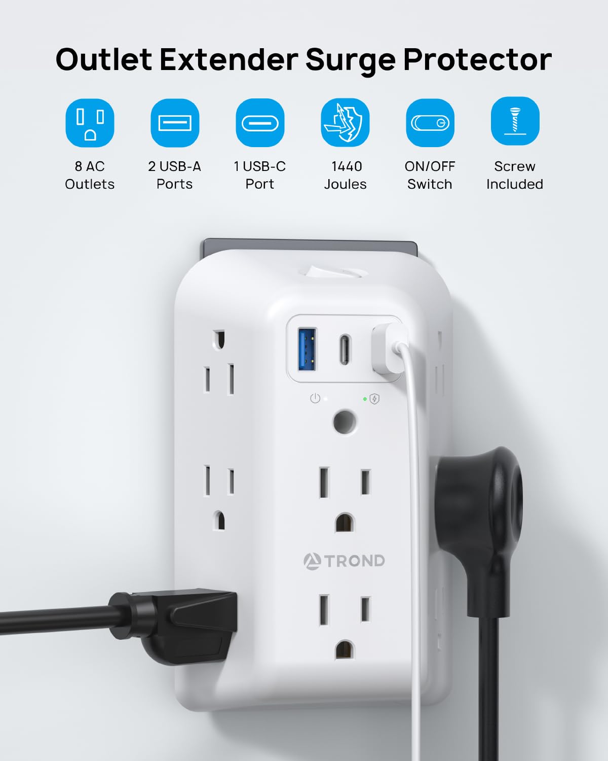 Trond Outlet Extender Surge Protector, 8 Outlet Splitter With 3 Usb Ports(1 Usb C), 1440J Electric Plug Multiplier, Multi Plug W