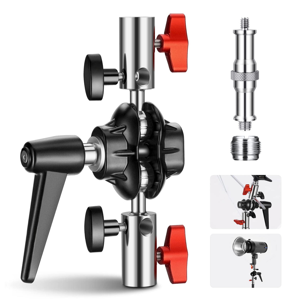 Neewer Heavy Duty Light Stand Head Adapter With All Metal Dual Swivel Ball Joint, Dual 5/8'' Receivers, 1/4'' To 3/8'' Convertor