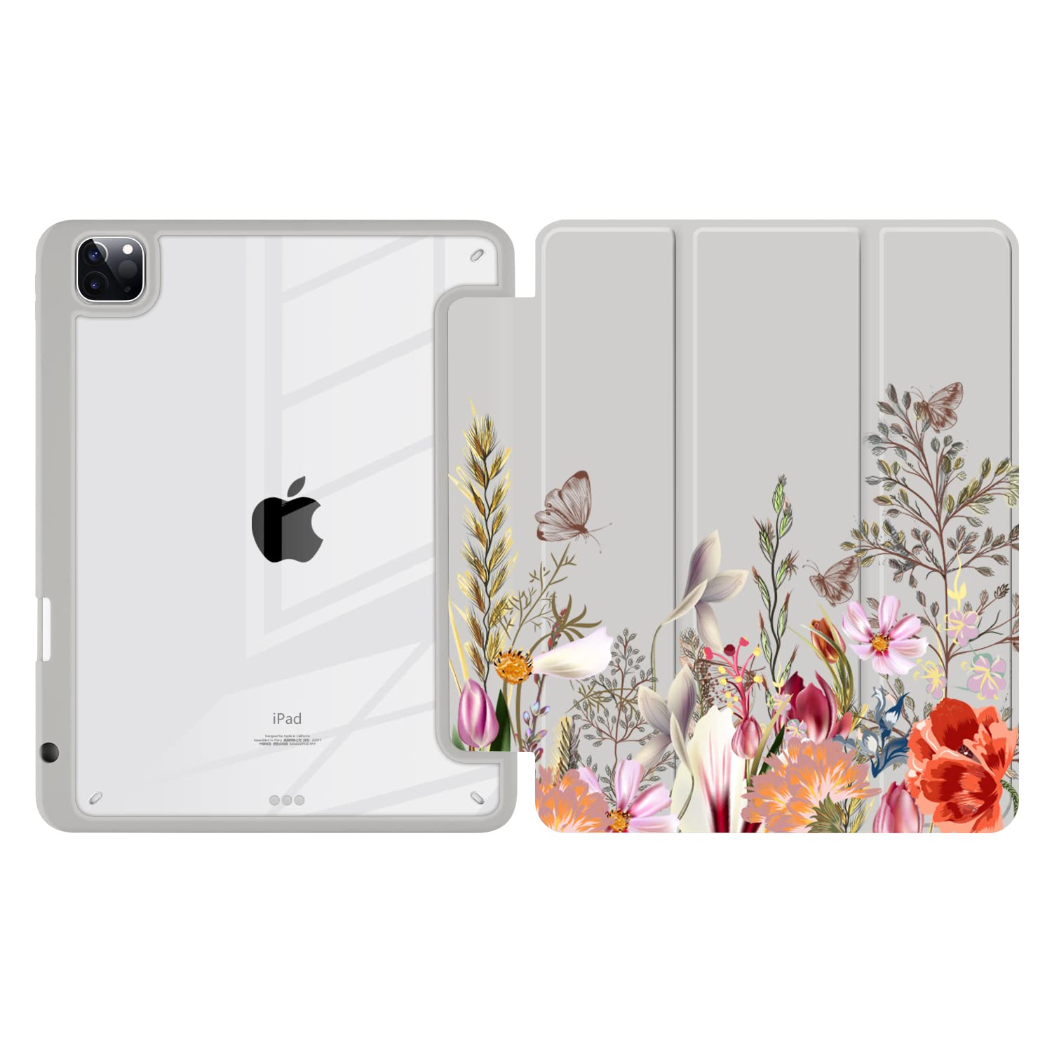 Batianda Hybrid Case For Ipad Pro 12.9 Inch 2022 M2 2021 5Th / Ipad Pro 12.9' 4Th/3Rd Gen [Built In Pencil Holder] Shockproof Cover With Clear Back Shell Tpu Bumper, Flowers