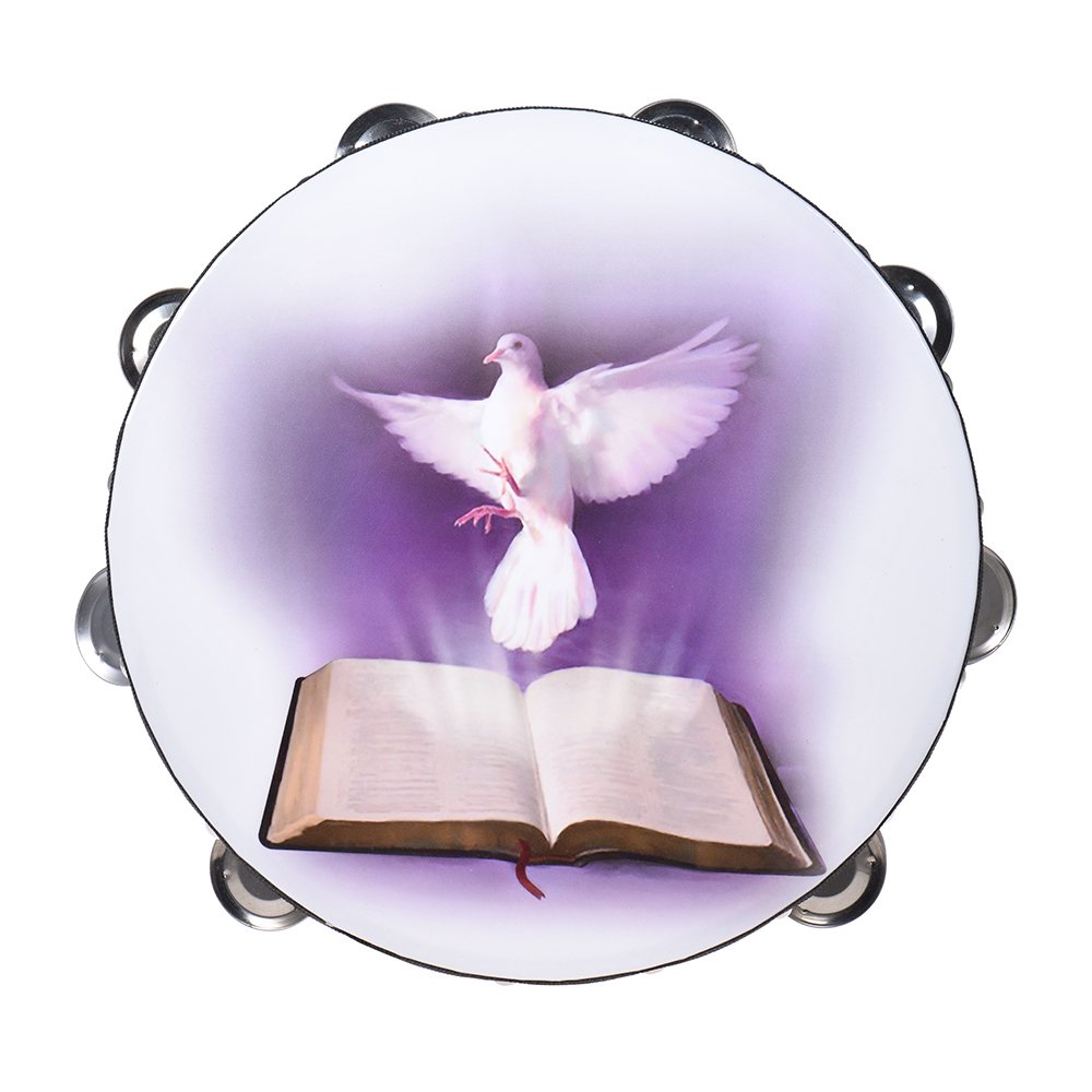 10 Double Row Jingle Tambourine Handbell Clap Drum Percussion Instrument with Dove & Bible Pattern for Church