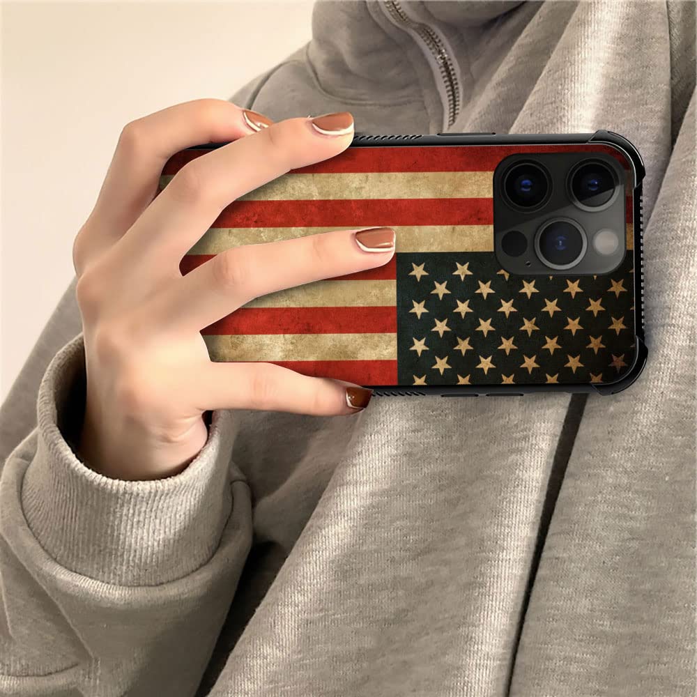 ZHEGAILIAN iPhone 14 Pro Case Vintage Grunge American Flag Tempered Glass TPU Shock Protective