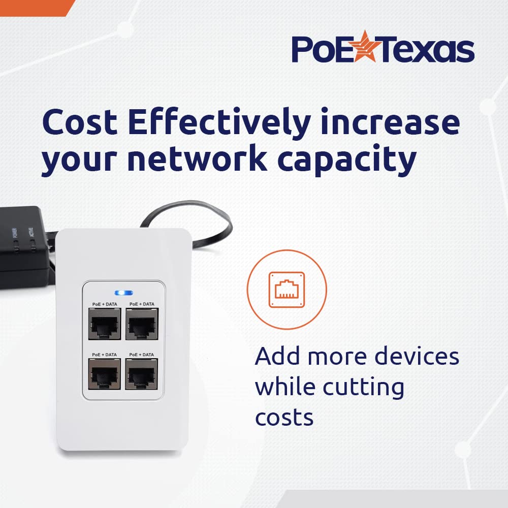 Poe Texas 4 Port Inwall Gigabit Poe Extender   Power Over Ethernet In Wall Switch Plate With Ieee 802.3Bt Uplink & Full Passthro