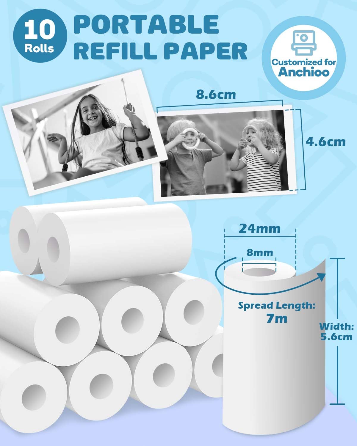 Anchioo Thermal Paper 10 Paper Rolls For Kids Instant Print Camera, Hd Printing Receipt Paper Set Portable Refill Paper