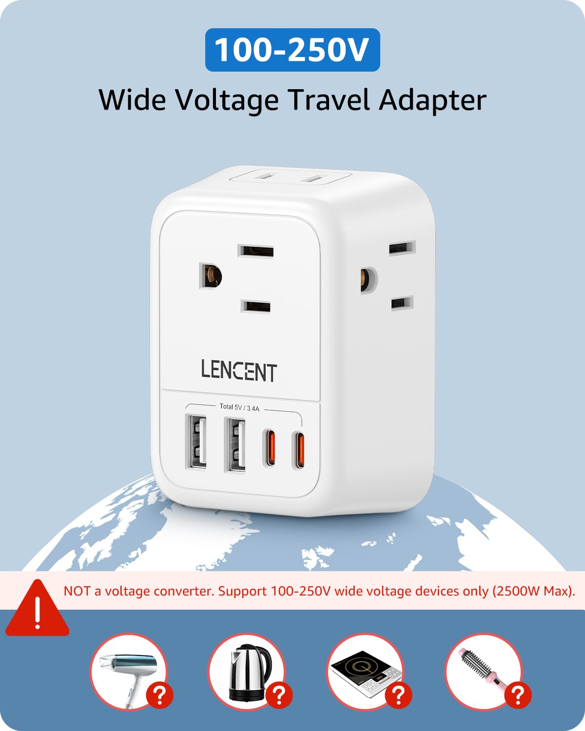 Lencent Germany France Travel Power Adapter, Schuko Type E/F Plug Converter With 4 Outlet, 4 Usb Charger(2 Type C) Adaptor, Us T