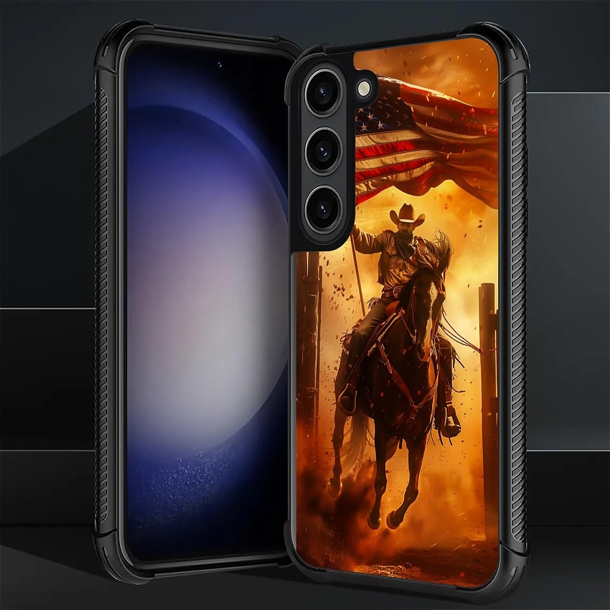 Carloca Compatible With Samsung Galaxy S23 Case, Horse American Flag Cowboy Pattern For Girl Ultra Protection Shockproof Soft Si