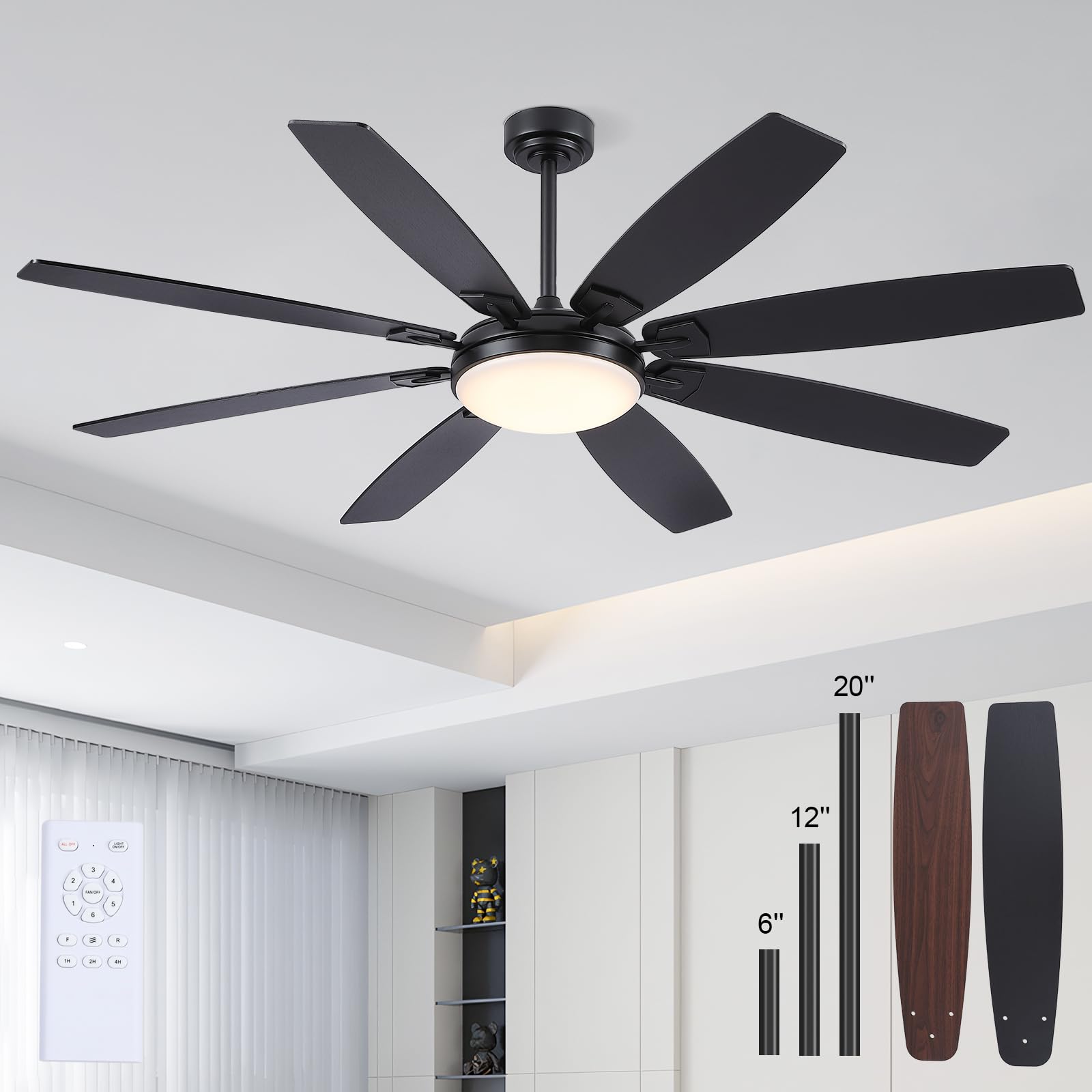 MADSHNE 66 Inch Ceiling Fans with Lights and Remote,Black Large Ceiling Fan with Reversible Noiseless DC Motor, 3CCT, 6 Speeds, 