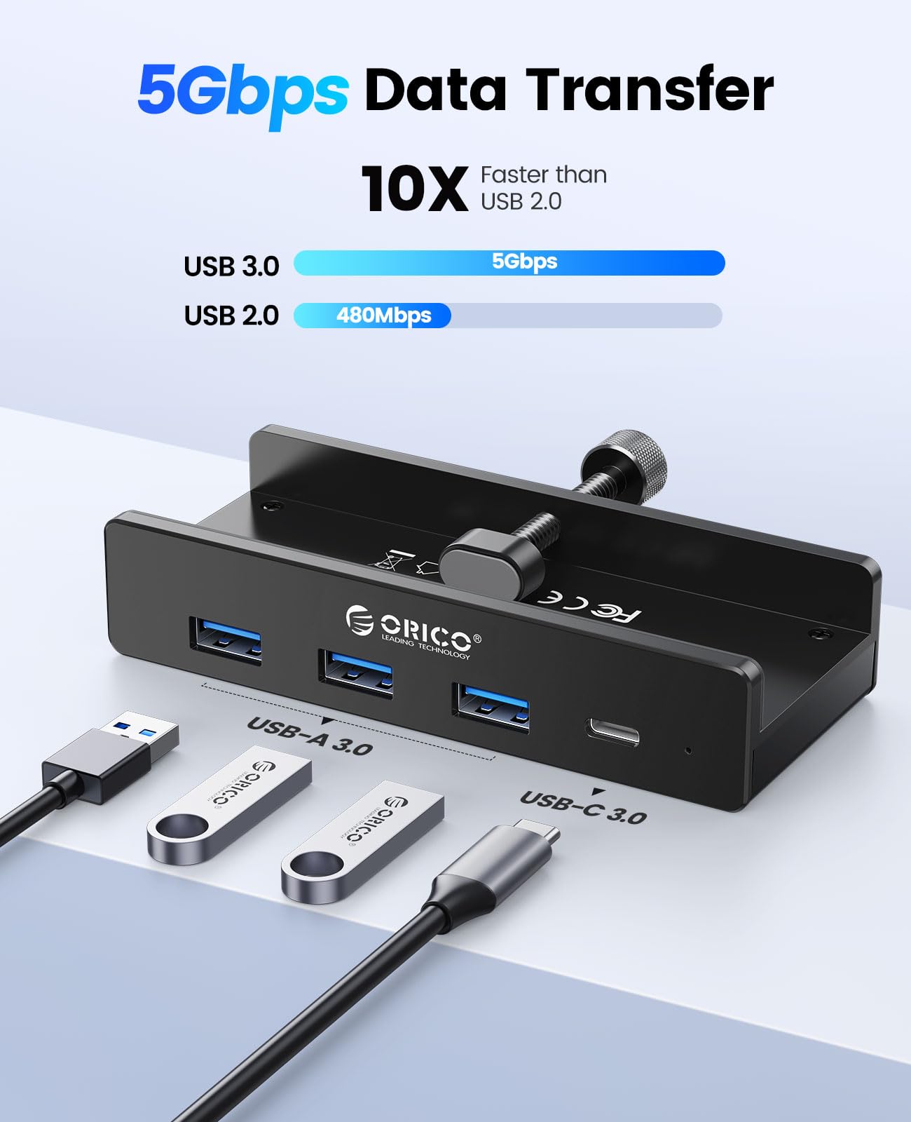 ORICO USB Hub 3.0, Clamp USB Hub with Extra Power Supply Port, Aluminum 4 Port USB Adapter with 3 USB A Data Ports, USB C Port for Monitors, Desks (Black)