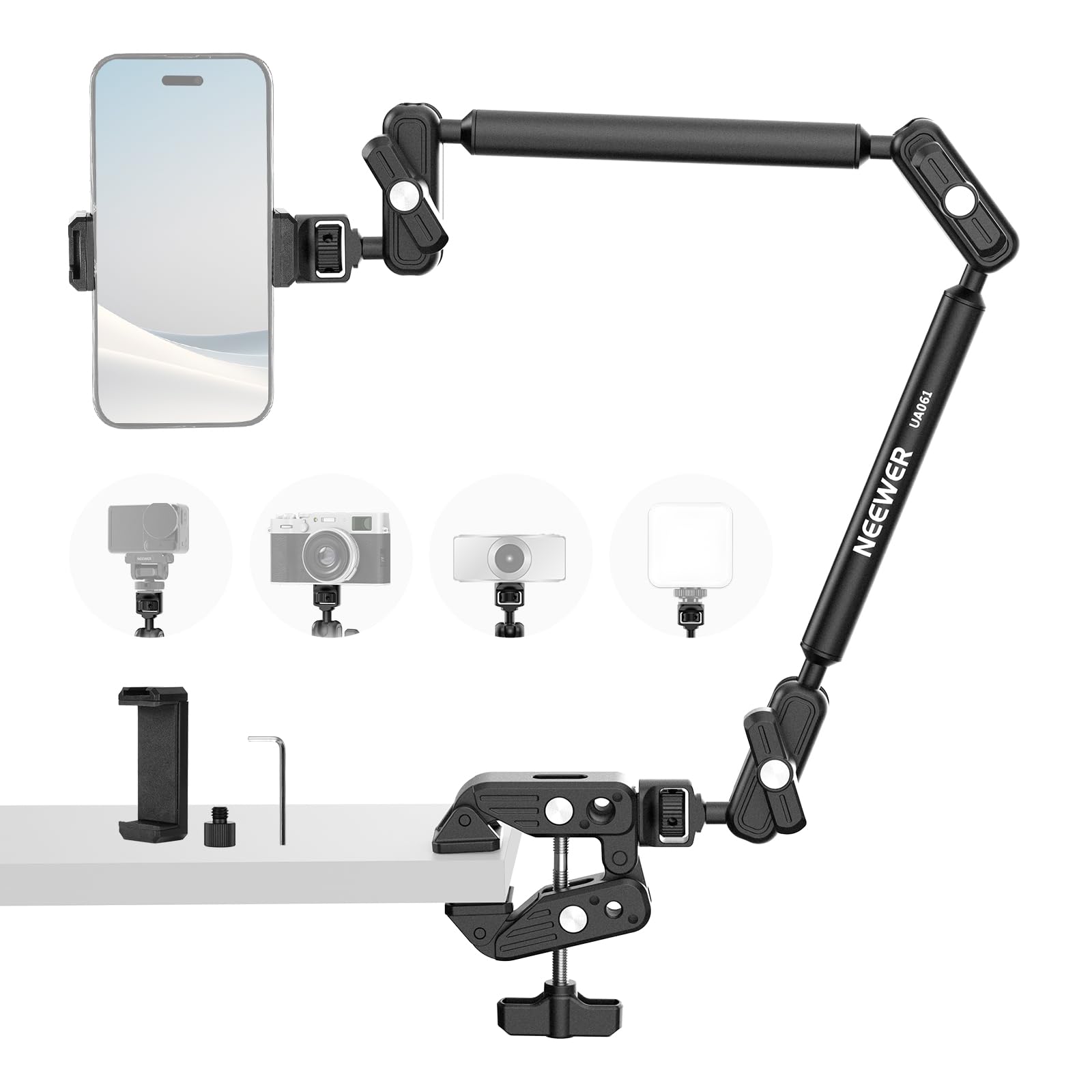 NEEWER Basics Magic Arm Table Stand, 55 cm Microphone Arm Overhead Mobile Phone Holder Desk with 1/4 3/8 Threads for ARRI, for D