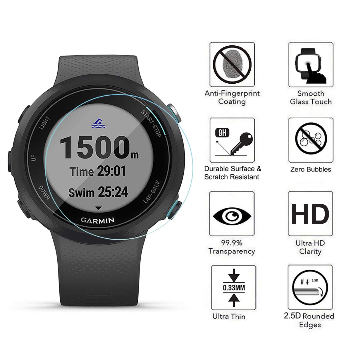 Akwox [4 Pack] Tempered Glass Screen Protector For Garmin Swim 2 Watch, [2.5D Arc Edges High Definition 9H Hardness] Anti Scratc