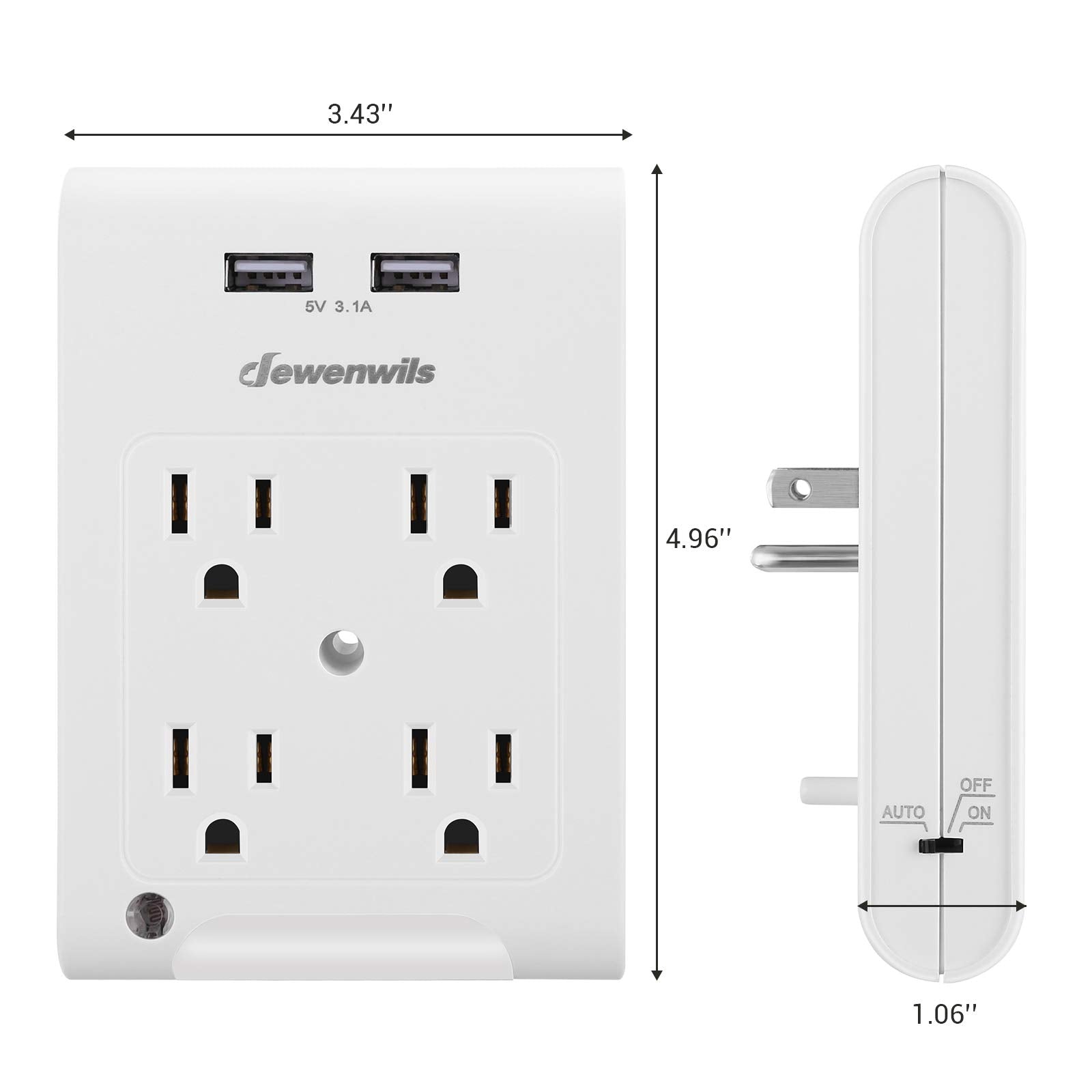 Dewenwils Multi Plug Outlet 2 Pack, 4 Outlet Extender With 2 Usb Ports, Light Sensor Night Light, 1080 Joules Surge Protector, E